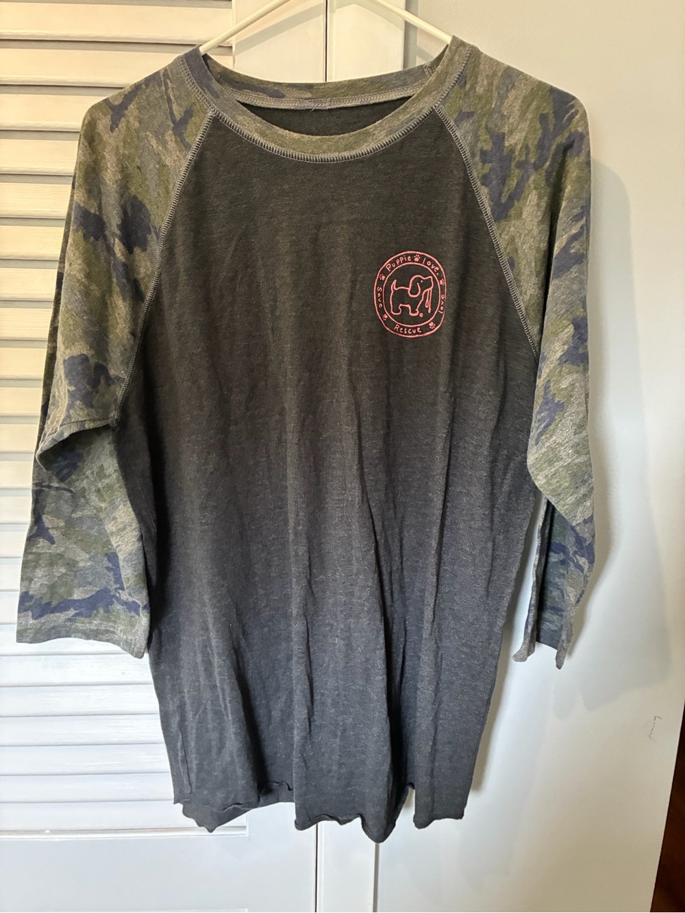 Puppy Love Grey Raglan Tee with Camo Sleeves and Pink Logo